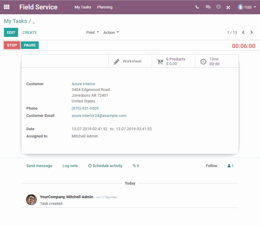 Aufgabenansicht mit laufendem Time Tracking. Screensthot Aufgabenansicht im Field Service