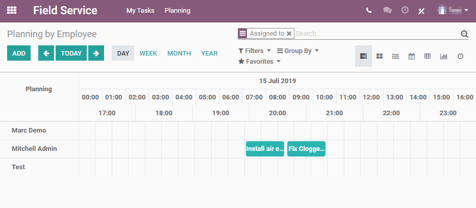 Grafische Planungstafel (Gantt-Ansicht) Screenshot der Grafischen Planungstafel Field Service (Gantt-Ansicht)