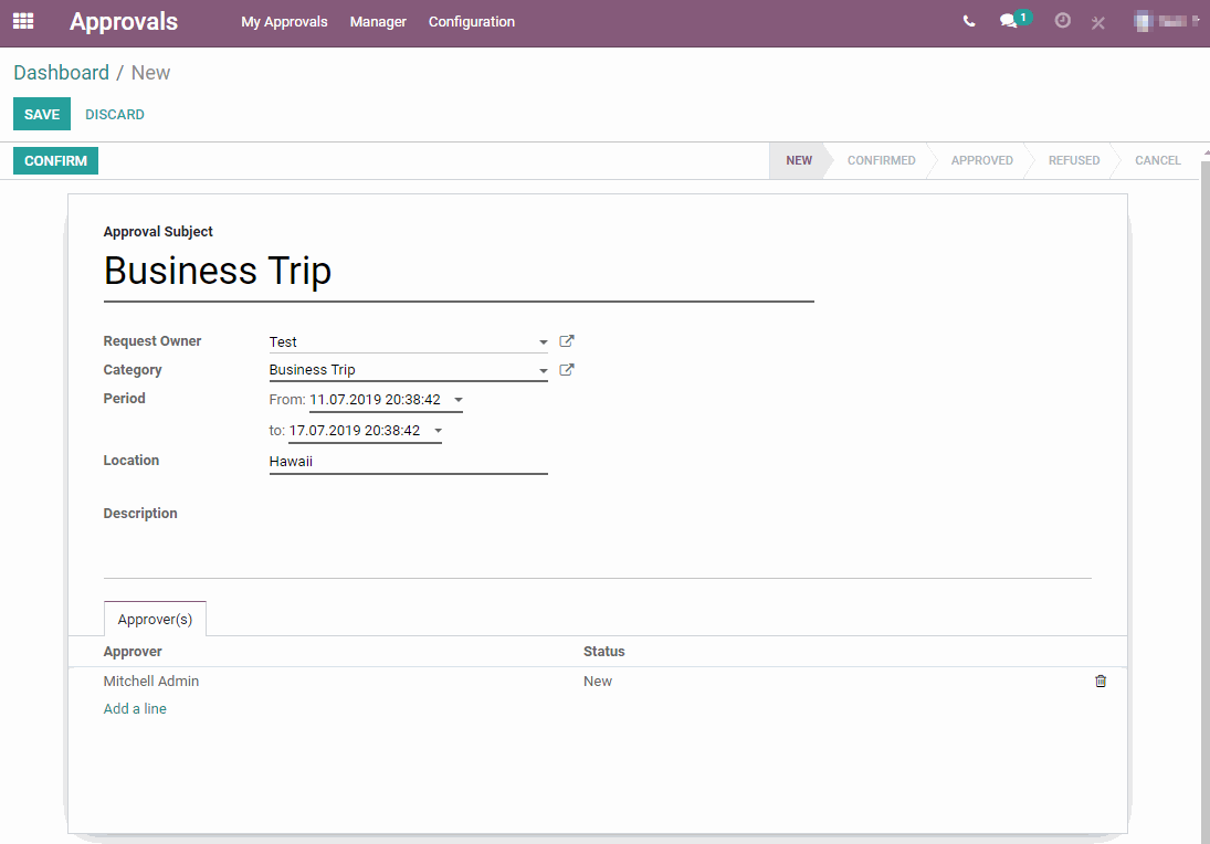 Anlage einer neuen Anfrage für eine Geschäftsreise Screenshot des Interface für die Anlage einer neuen Anfrage