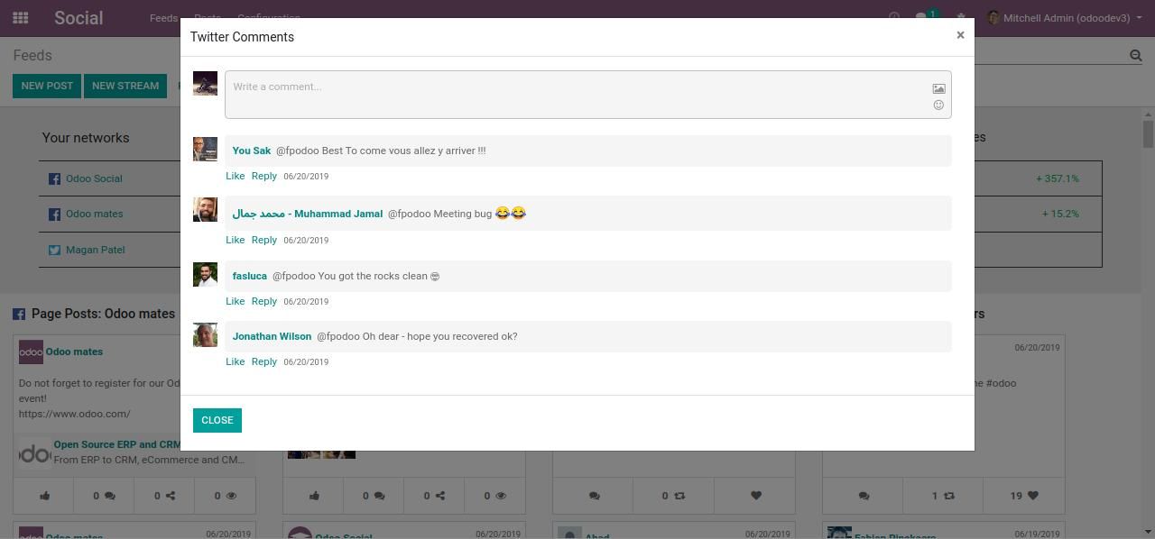 Posten, Liken, Kommentieren Sie direkt aus der Odoo App Screenshot aus der Social Marketing App