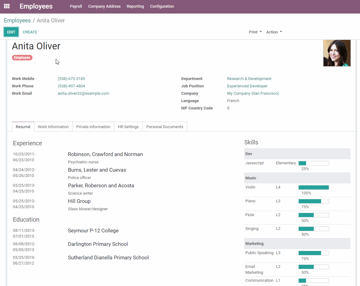 Übersicht des Lebenslauf und der Skills in der digitalen Mitarbeiterakte Screenshot des digitalen Mitarbeiterakte
